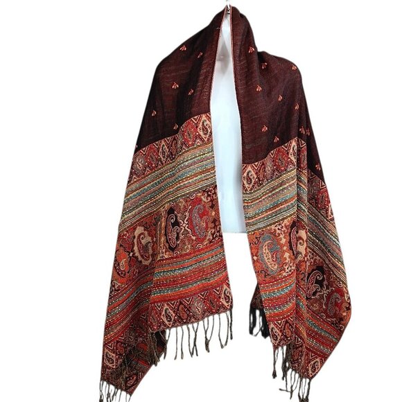 Achillea Reversible Bohemian Pashmina Ethnic Tribal Border Shawl Wrap Scarf - Picture 2 of 8